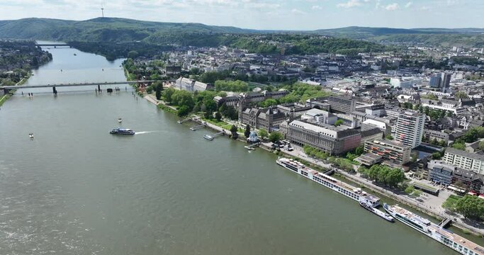Electoral Palace Koblenz, the Prussian Government Building and the Konrad Adenauer Promenade along the Rhine River. Aerial drone view.