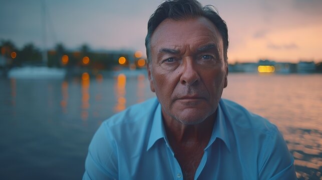A mature man in a blue shirt against a backdrop of water at sunset, with a contemplative expression.