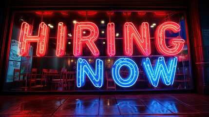 Fototapeta premium Hiring Sign, Hiring now neon signage 