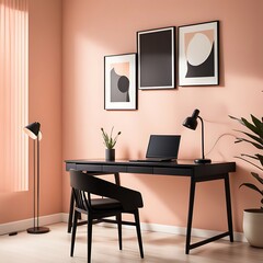 Workplace in Peach Fuzz 2024 Color Trend, Painted Walls, Rich Furniture, and Pastel Background in a Large Home Office or Coworking Center - 3D Render