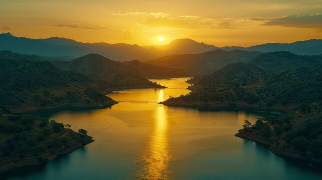 Aerial view of a serene sunset over Desfiladero de los Gaitanes dams with golden light reflecting on the water among mountains.