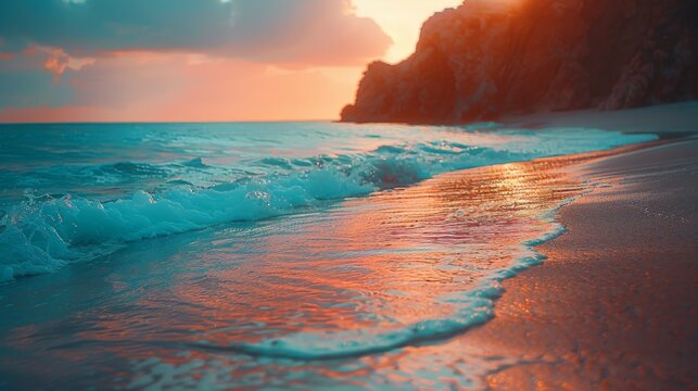 Long exposure shot of Praia do Brejo Largo in Alentejo, Portugal, showcasing the tranquil waves at sunset.