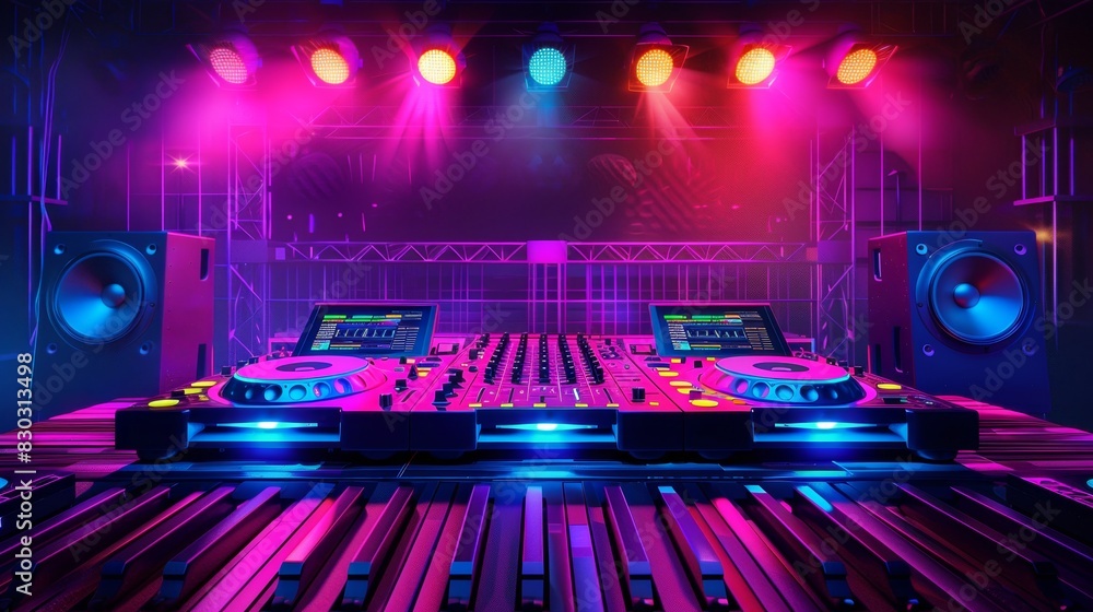 Poster a dynamic dj set is ready to rock the stage, with laptops and equipment set up for an energetic perf