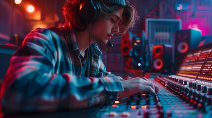 Focused music producer adjusting knobs on a mixing console in a neon-lit studio.