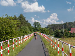 Cyclist on an asphalt bicycle road with colorful red and white parallel barriers. Cycling route...