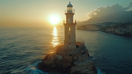 Aerial view of a lighthouse at Capo San Marco during sunset with the sea and cliffs in the...