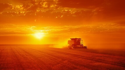 Fototapeta premium A combine harvester works on a farm at sunset with dust trailing, showcasing agriculture.