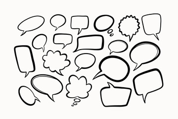 Big set of speech bubbles. Black and white dialog or chat window. Message signs of various shapes. Vector illustration on a light background.