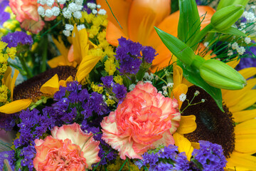 Wonderful bouquet of colorful flowers. High angle view of multi colored flowers. Mixed option for a...