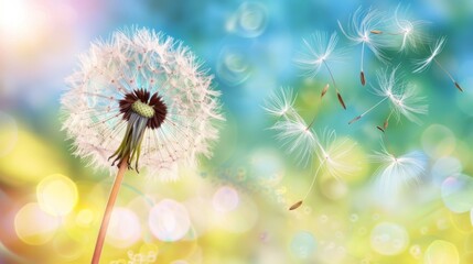 Dandelion seeds in the sunlight blowing away across a colorful background
