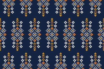 Traditional ethnic motifs ikat geometric fabric pattern cross stitch.Ikat embroidery Ethnic oriental Pixel navy blue background. Abstract,vector,illustration. Texture,decoration,wallpaper.