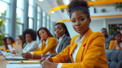 A focused group of diverse young business professionals engaged in a meeting, with one woman in a yellow blazer at the forefront.