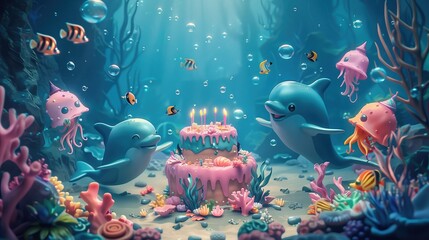 Birthday cake with candles, birthday party in underwater world. 3D illustration.