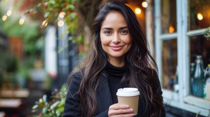 A smiling woman holding a coffee cup standing outdoors with a café background, portraying a casual and relaxed vibe.