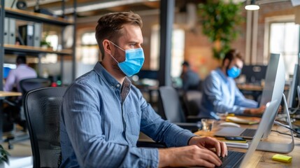 Businessmen wearing face masks working at their desks in a coworking space, maintaining social distance. - Powered by Adobe