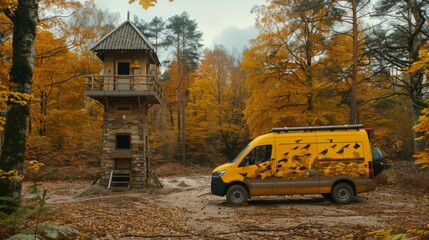 A yellow camper van parked near a bird watching tower surrounded by autumnal trees.