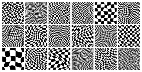 Trendy checkered pattern, black and white distorted tiled grid. Wavy curved backdrop, distortion effect. Funky geometric chessboard texture, retro background in 90s style, y2k. Vector illustration