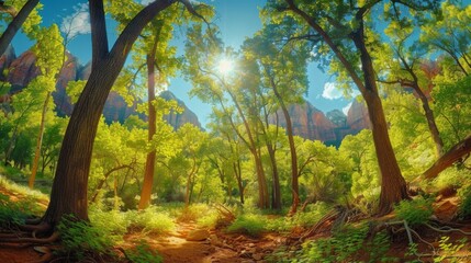 Lush greenery and towering sandstone cliffs illuminated by sunlight in Zion National Park, Utah.