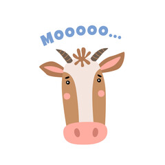 Head of a funny cow on a light isolated background. Cute animal mooing vector illustration. Design template for books, cards, invitations, children`s textiles.