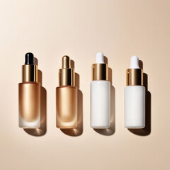 Set of skin care serum in dropper bottles in beige and white colors on beige background. Blank mockup, cosmetics presentation. Sun care products. AI Generative