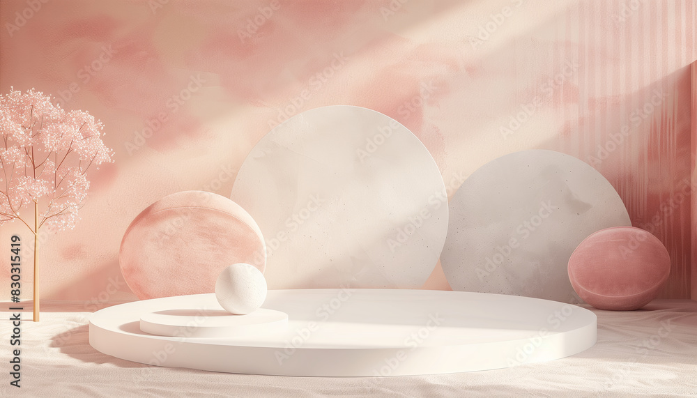 Poster 3d rendering of podium and abstract geometric shapes perfect for displaying kids or baby products in