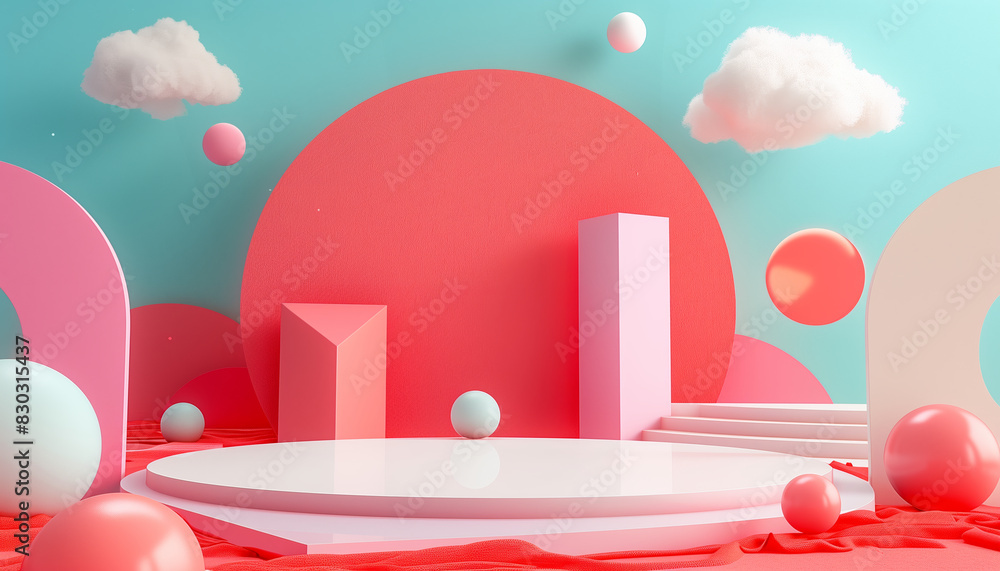 Poster 3d rendering of podium and abstract geometric with empty space for kids or baby product showcasing a