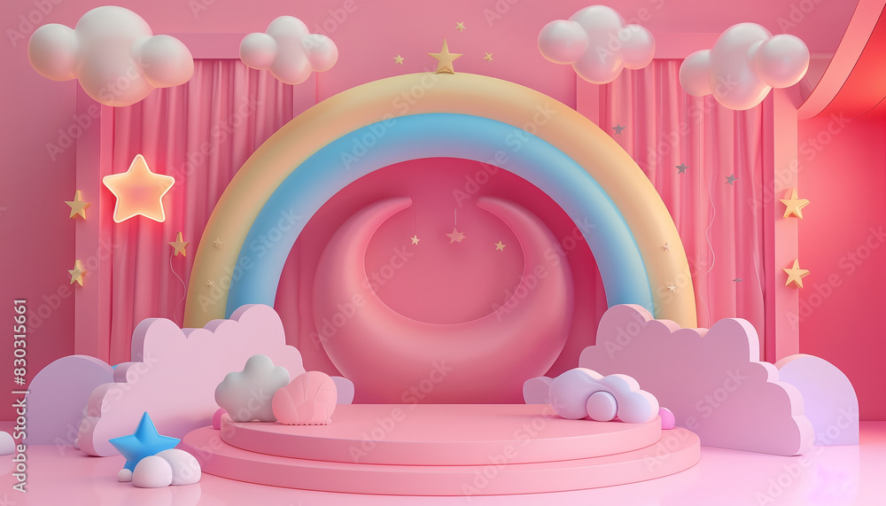 Poster 3d rendering of podium and abstract geometric design with open space for children's or baby products