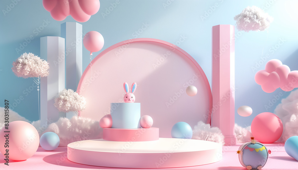 Poster 3d rendering of podium and abstract geometric design with open space for kids or baby products - ide