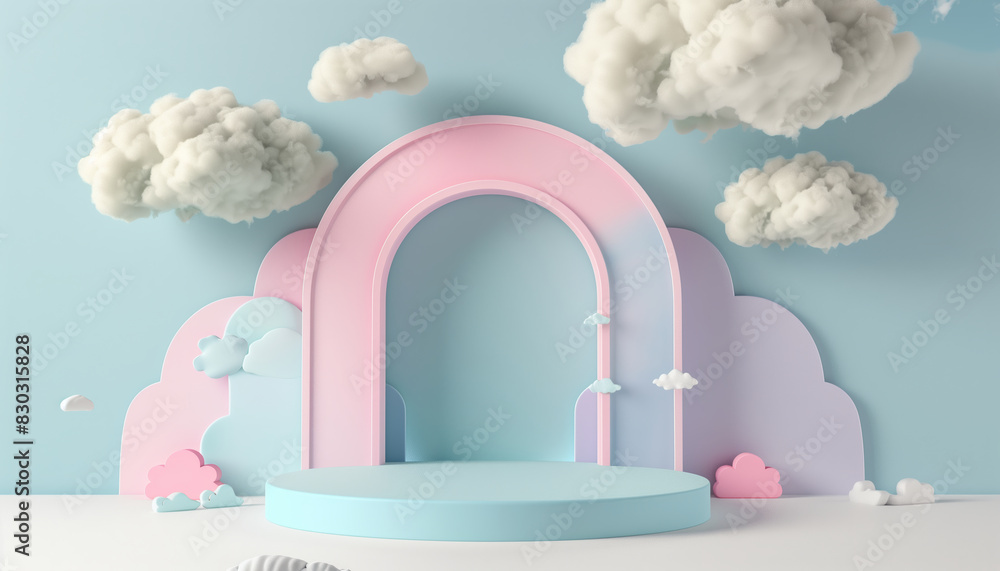 Poster colorful pastel background with 3d rendering podium: an empty space perfect for kids or baby product