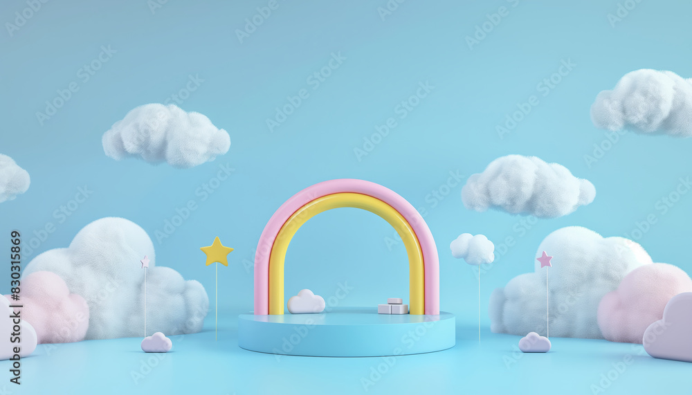 Poster colorful kid-style 3d rendering podium with clouds and weather background, featuring empty space for