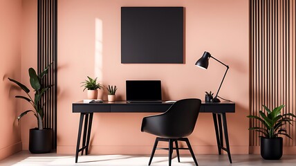Workplace in Peach Fuzz 2024 Color Trend, Painted Walls, Rich Furniture, and Pastel Background in a Large Home Office or Coworking Center - 3D Render