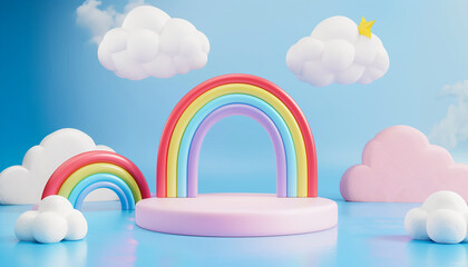 Rainbow-Shaped Stage Podium Decor With 3d Clouds: A Summer Scene For Kids Product Presentation On Round Pedestals Or Platforms