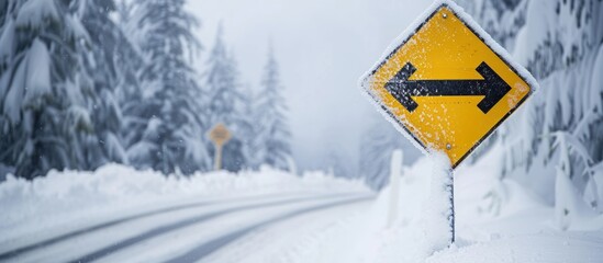 A road covered in snow with a yellow sign pointing to the right