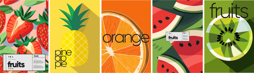 Fruits: strawberry, pineapple, orange, watermelon and kiwi. Vector minimalistic geometric flat illustration of summer abstract tropical fruits and berries for poster, label or background