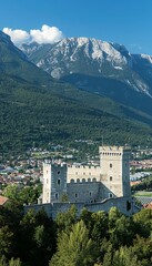 Obraz premium Timeless grandeur medieval castle dominates village with majestic turrets and battlements