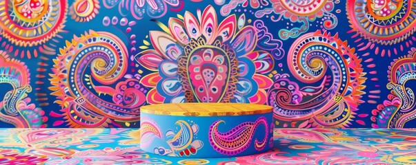 Colorful bohemian pop art podium with vibrant paisley patterns