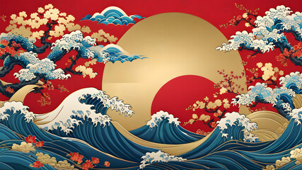 Oriental Wave Design: Traditional Japanese and Chinese Background with Abstract Floral Textures
