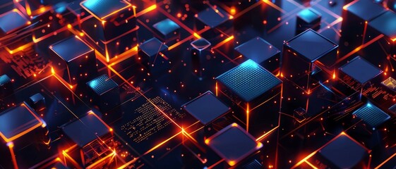 A abstract image background highlighting node blockchains, 3d isometric cubes on a dark background. 