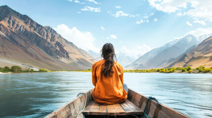 Solo Traveler in Boat Admiring Mountainous Landscape