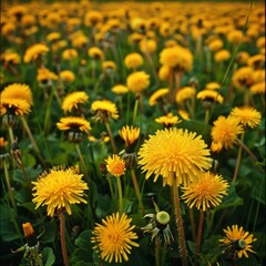 Close up blooming yellow dandelions. Spring and summer background