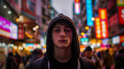 Obraz premium homeless young man among the street with blurred cityscape in the background