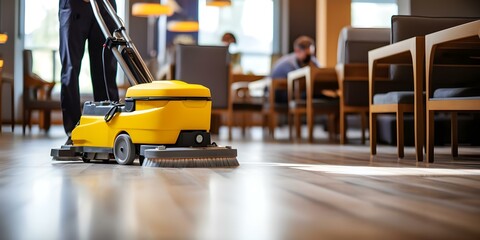 Indoor Floor Scrubber: Cleaning Stone or Parquet Floors. Concept Floor cleaning, Indoor scrubbing, Stone flooring, Parquet maintenance, Cleaning equipment