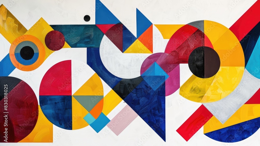 Poster geometric shapes and patterns in primary colors on a white background