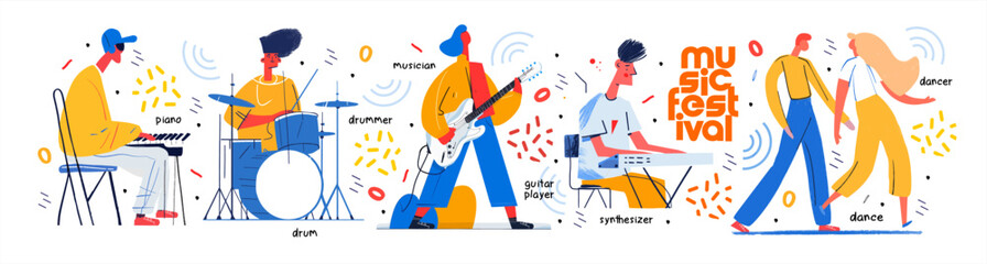 Musicians, musical instruments and dancers at a music festival. Vector trendy modern illustration of man playing synthesizer or piano, drummer with drums, guitarist with guitar, dancing couple isolate