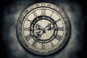 An intricate antique clock with Roman numerals on a mysterious background