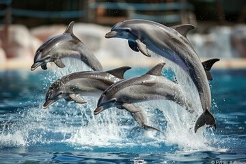 Fototapeta premium Dolphins jumping out of the water, dolphinarium background 
