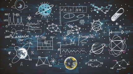 An elaborate blackboard filled with detailed scientific and mathematical diagrams, equations, and illustrations, showcasing a blend of physics, astronomy, and complex theories.