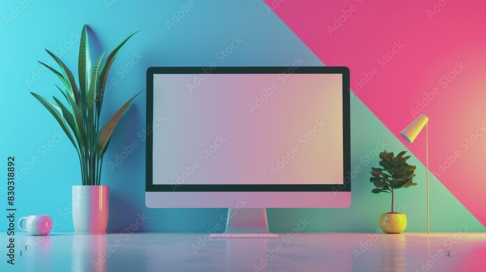 Poster minimalist desk setup with computer and plants against bright pop-art background