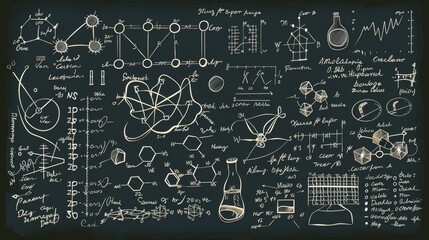 An elaborate blackboard filled with detailed scientific and mathematical diagrams, equations, and illustrations, showcasing a blend of physics, astronomy, and complex theories.