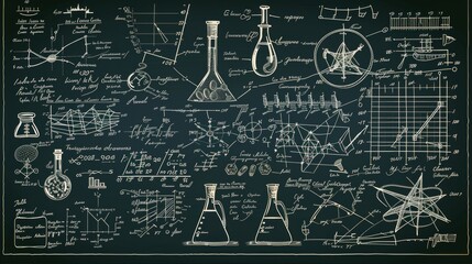 Fototapeta premium An elaborate blackboard filled with detailed scientific and mathematical diagrams, equations, and illustrations, showcasing a blend of physics, astronomy, and complex theories.